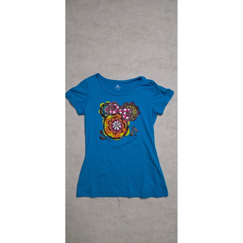 Disney Parks Minnie Mouse Floral Icon Graphic T-Shirt Size L Blue Short Sleeve